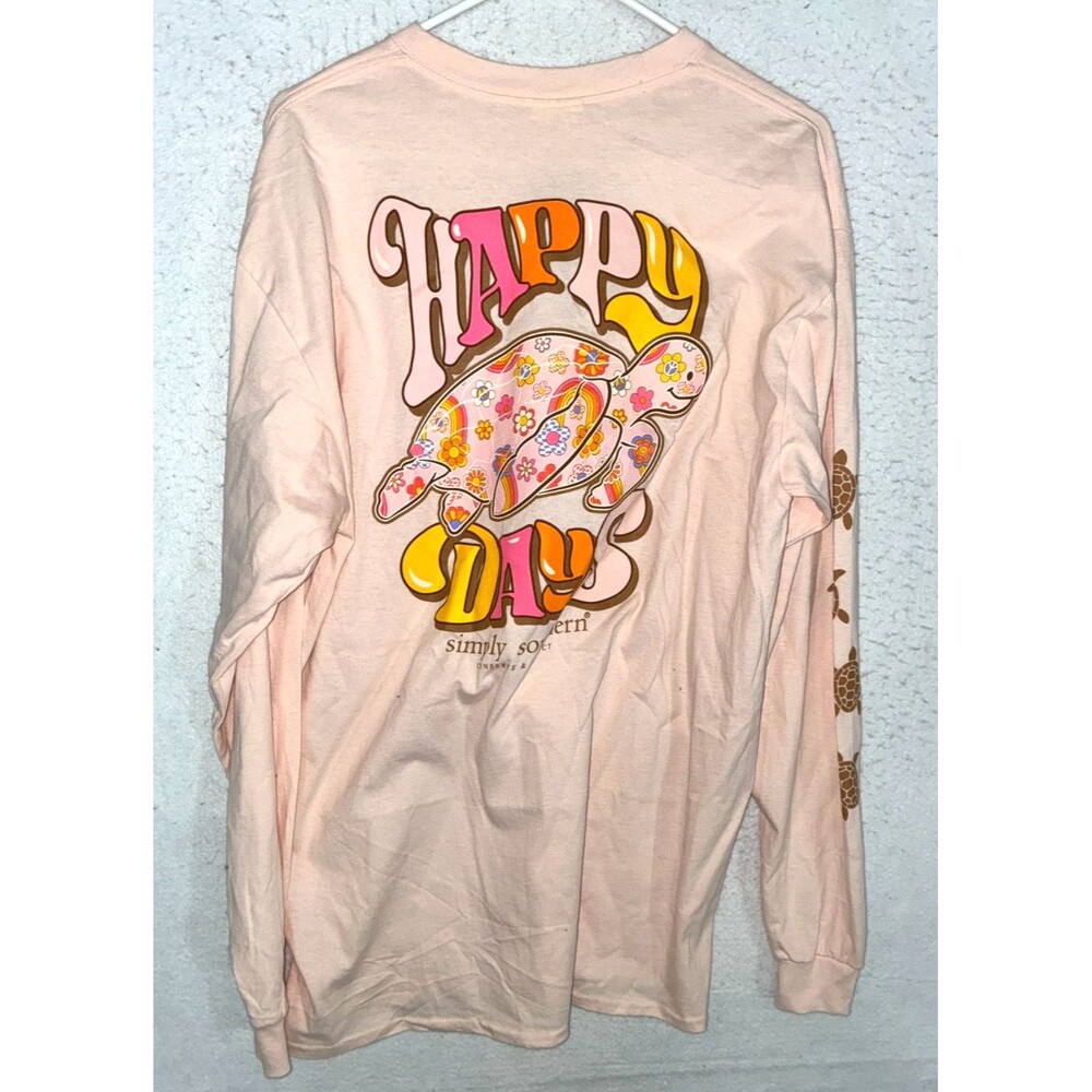 Simply Southern "Happy Days" Turtle Long Sleeve Tshirt Women's L Pink Crew Neck
